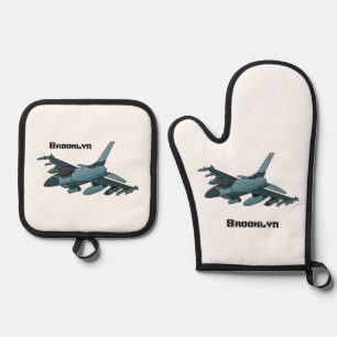 Military Fighter Jet Plane Cartoon Ofenhandschuh & Topflappen-Set