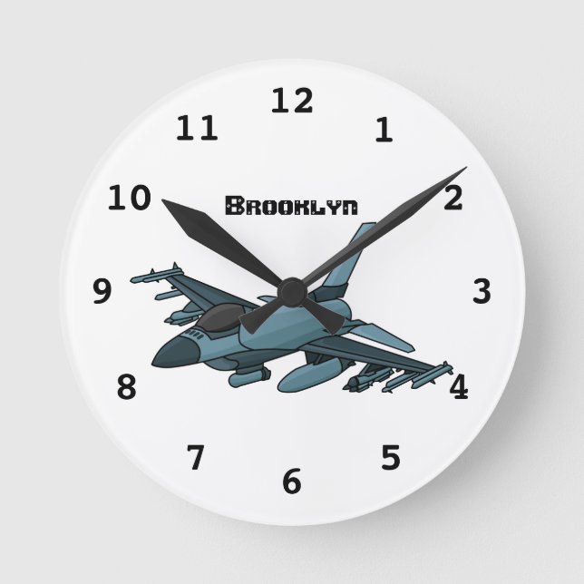 Military Fighter Jet Plane Cartoon Runde Wanduhr (Vorderseite)