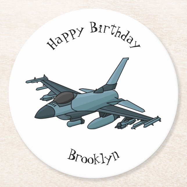 Military Fighter Jet Plane Cartoon Runder Pappuntersetzer (Vorderseite)