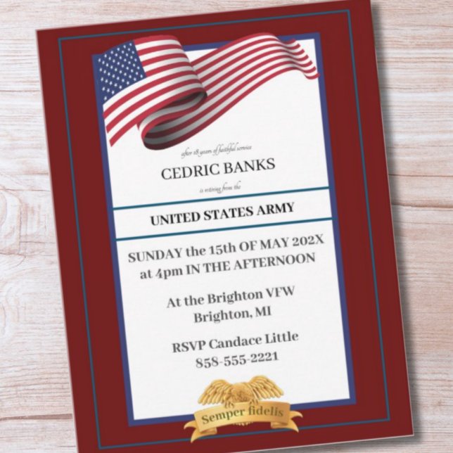Military Retirement Invitation Flag Gold Crest Postkarte (Von Creator hochgeladen)