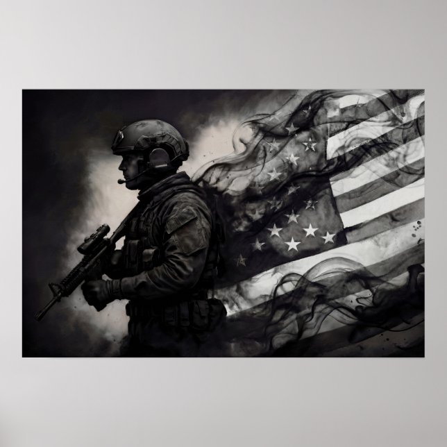 Military Smoke Ink American Flag Black & White Art Poster (Vorne)