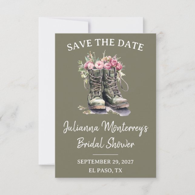 Military Themed Save the Date, Boots, Floral, Army Einladung (Vorderseite)