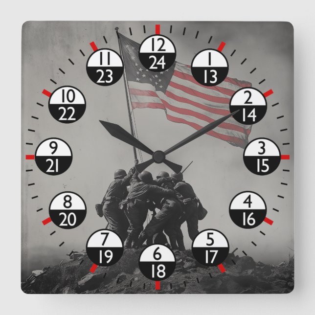 Militärzeit 24 Stunden Quadratische Wanduhr (Vorderseite)