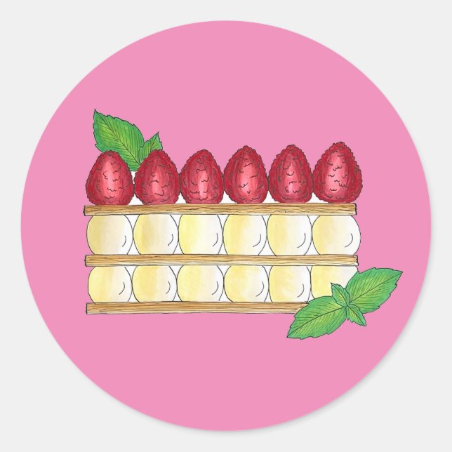Mille Feuille French Food Puff Pastry Raspberries Runder Aufkleber (Vorderseite)