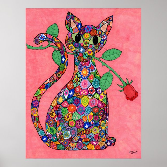 Millefiori Katze mit Rote Rose Poster (Vorne)