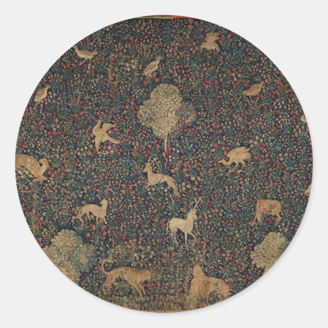 Millefleurs Tapestes mit Tieren Runder Aufkleber (Vorderseite)