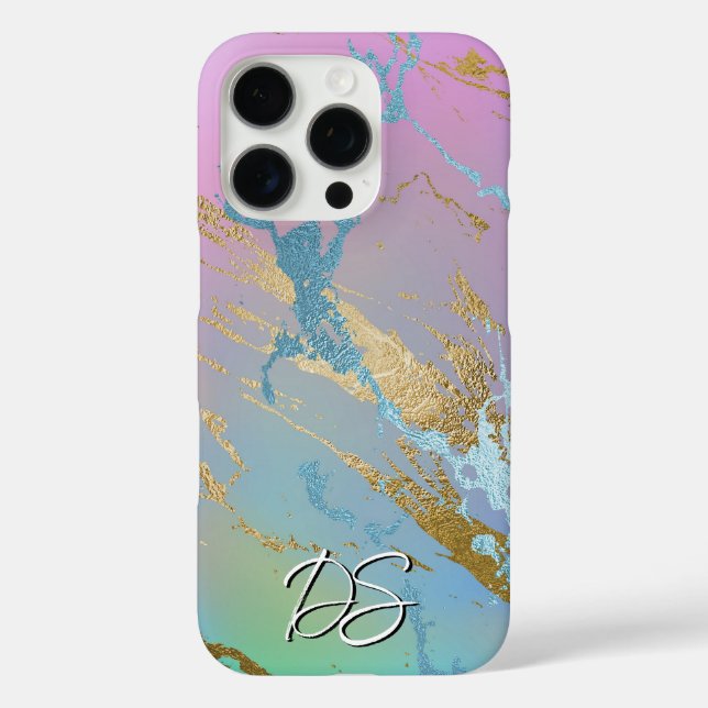 Millennial Marble | Playful Rainbow Ombre Monogram iPhone 16 Pro Hülle (Rückseite)