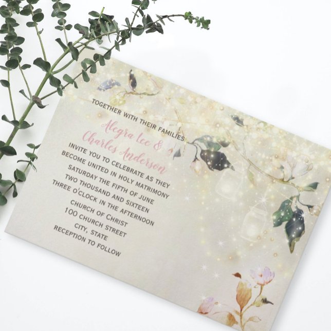 Millennial Pink Fairytale Woodsy Mason Jar Wedding Einladung (Von Creator hochgeladen)