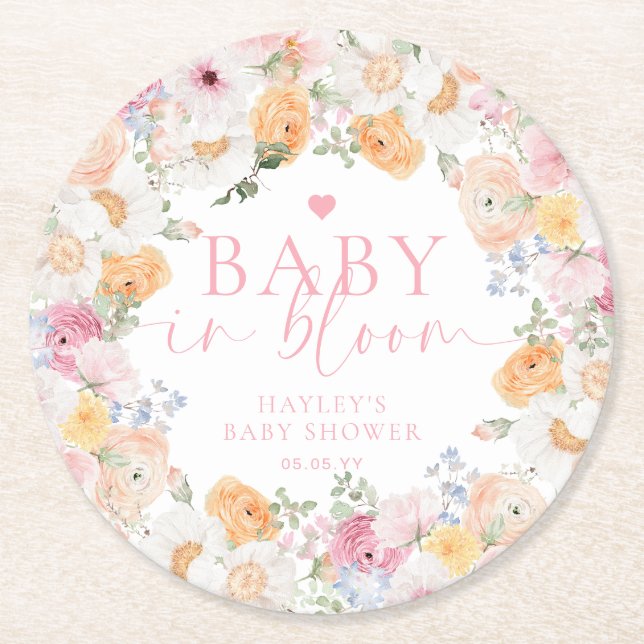 Millionenblütenbaby in Bloom Baby Shower Runder Pappuntersetzer (Vorderseite)