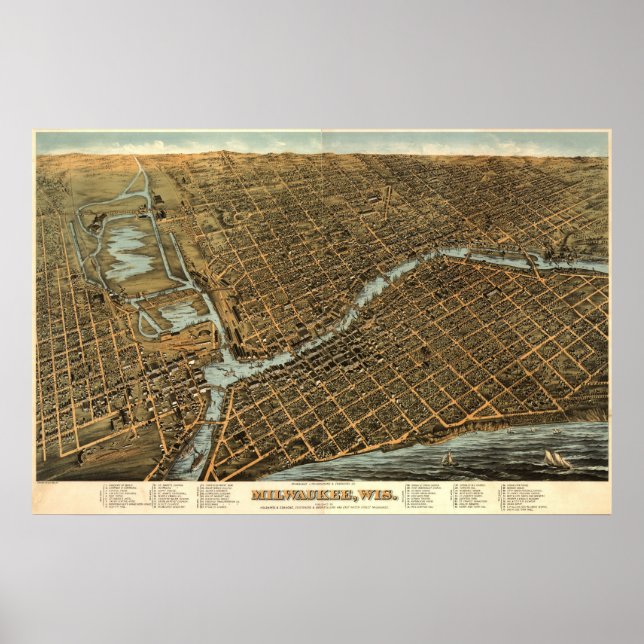 Milwaukee birdseye Karte - 1872 (Bailey) BigMapBlo Poster (Vorne)