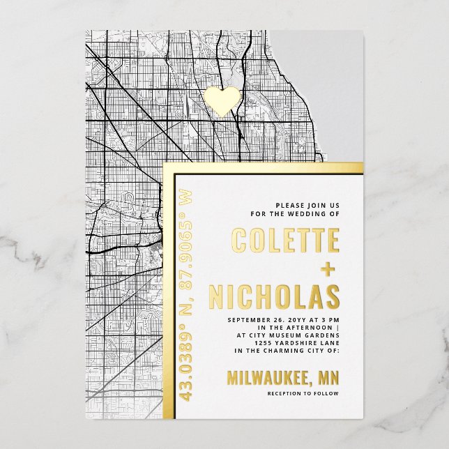 Milwaukee Liebe Locator | Städtische Hochzeit Folieneinladung (Vorderseite)