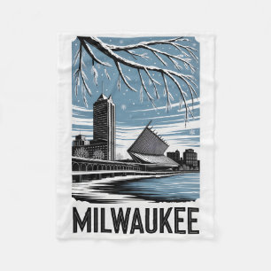 Milwaukee Skyline Schwarz-Weiß-Holzschnitt Winter Fleecedecke
