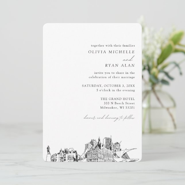 Milwaukee Wedding Elegante Skyline Einladung (Stehend Vorderseite)