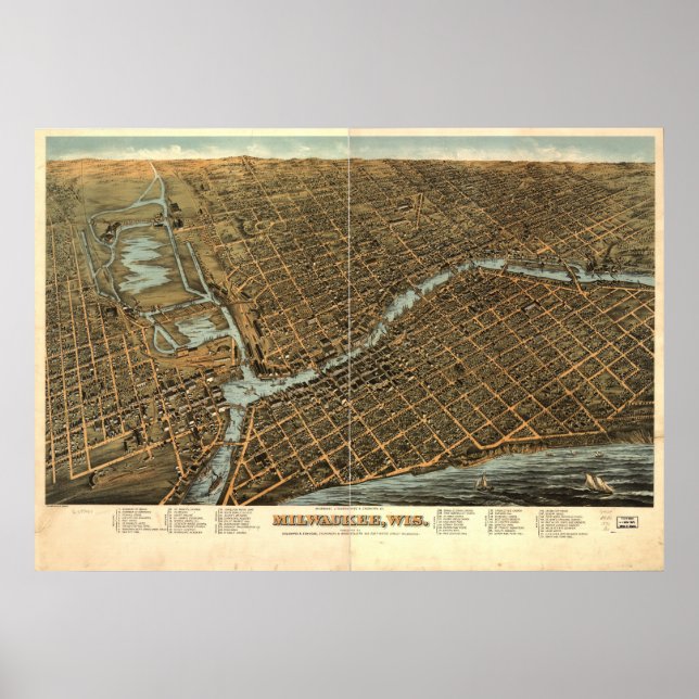Milwaukee WI 1872 Antike Panoramakarte Poster (Vorne)