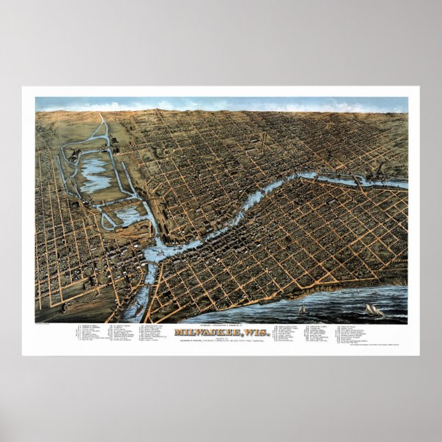 Milwaukee, WI Panorama Karte - 1872 Poster (Vorne)