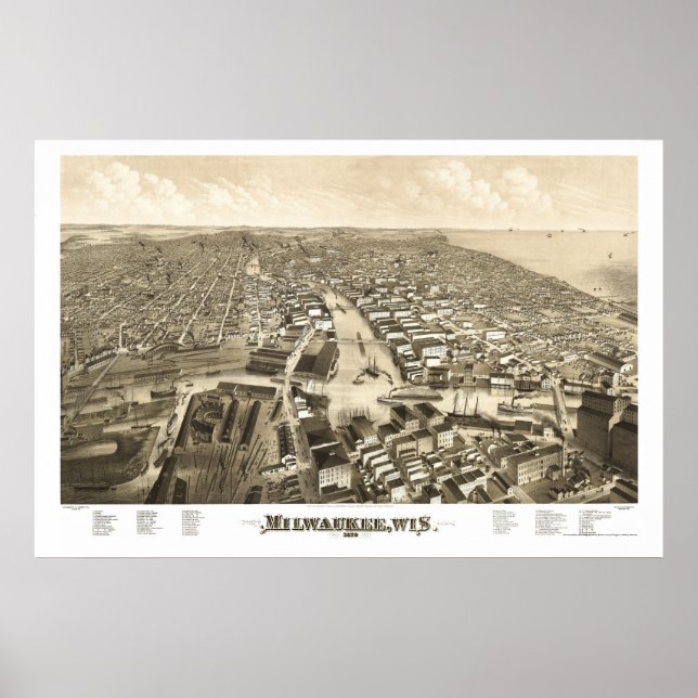 Milwaukee, WI Panorama Karte - 1879 Poster (Vorne)
