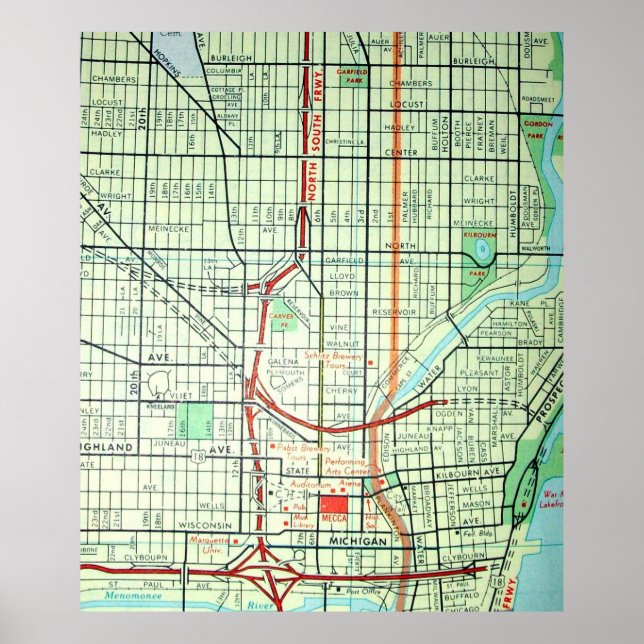 Milwaukee, WI Vintag Map Poster (Vorne)