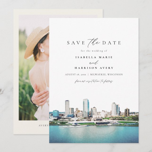 MILWAUKEE Wisconsin Skyline Wedding Save the Date Einladung (Vorne/Hinten)