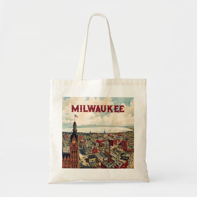 Milwaukee Wisconsin Vintage Stadtszene mit Namen Tragetasche (Vorne)