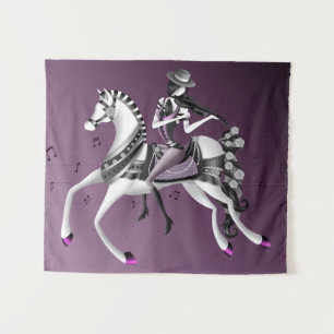 Mime auf dem Pferd spielt Geige Wandteppich