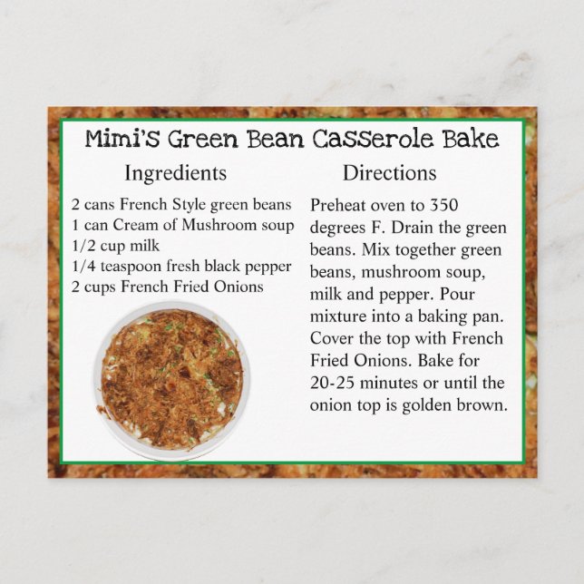 Mimis Green Bean Casserole Bake Recipe Card Postkarte (Vorderseite)