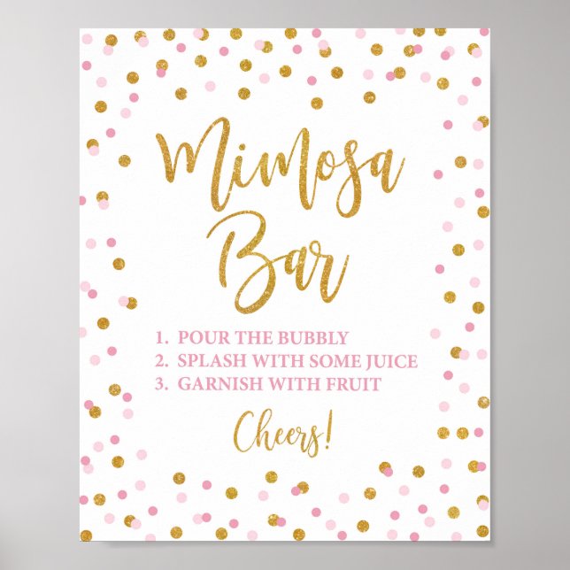 Mimosa Bar Sign Pink & Gold Glitzer Confetti Poster (Vorne)