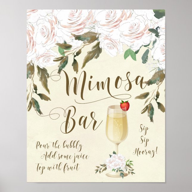 Mimosa Bar Wedding Sign Elfenbeinflorale Poster (Vorne)
