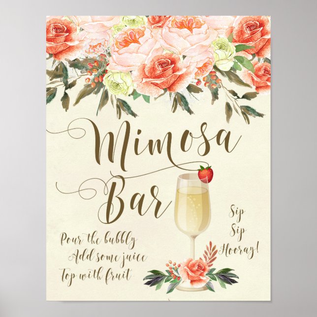 Mimosa Bar Wedding Sign Peach floral Poster (Vorne)