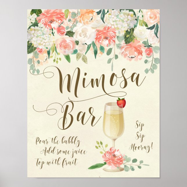 Mimosa Bar Wedding Sign Pfirsichblumen Poster (Vorne)