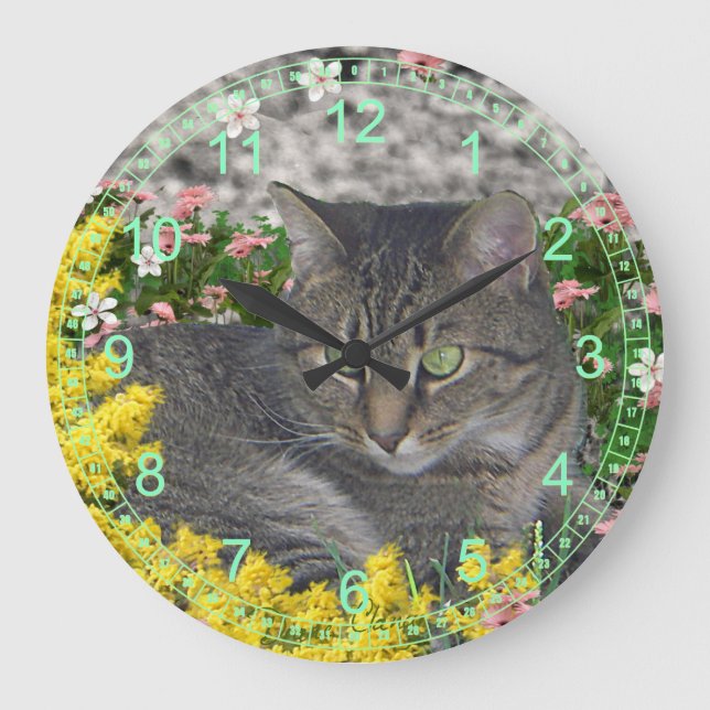 Mimosa, die Tigerkatze auf Mimosa-Blume Große Wanduhr (Vorderseite)