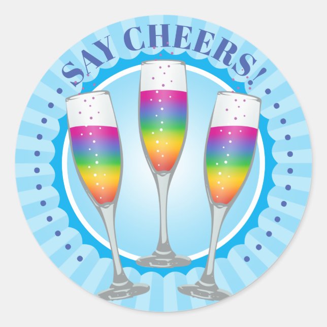 Mimosa Rainbow Champagner Brille Rundsticker Runder Aufkleber (Vorderseite)