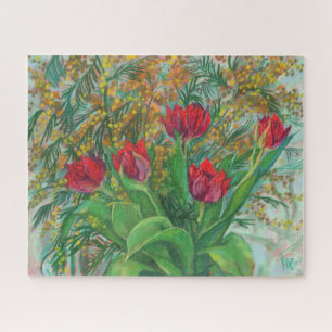 Mimosa und Tulips, Frühlingsblumen, Blumengemälde