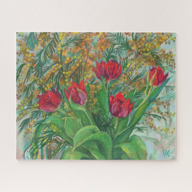 Mimosa und Tulips, Frühlingsblumen, Blumengemälde (Horizontal)