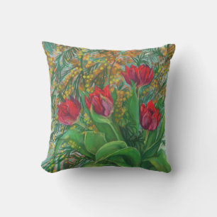 Mimosa und Tulips, Frühlingsblumen, Blumengemälde Kissen