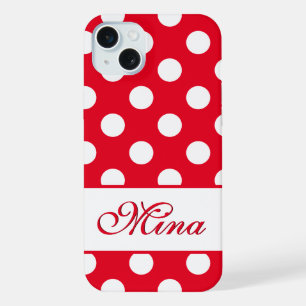 Mina - Vorlage für Ihren Namen, Big Polka Dots Red iPhone 15 Plus Hülle