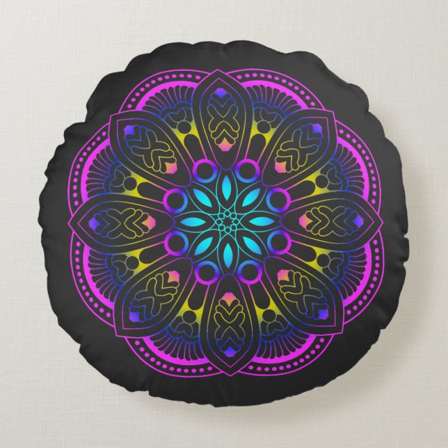 Mind fresh Mandala Design Rundes Kissen (Vorderseite)