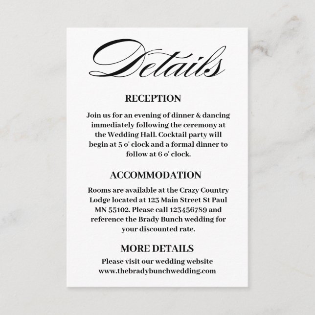 Mindestkarte für die Hochzeitdetails Begleitkarte (Vorderseite)