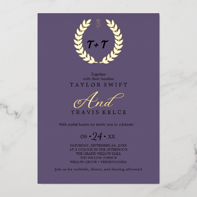 Mindestleaf | All-in-One-lila & Gold Foil Folieneinladung (Vorderseite)
