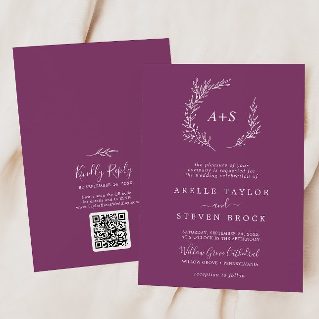 Mindestleaf | Berry Monogram QR Code Wedding Einladung (Von Creator hochgeladen)
