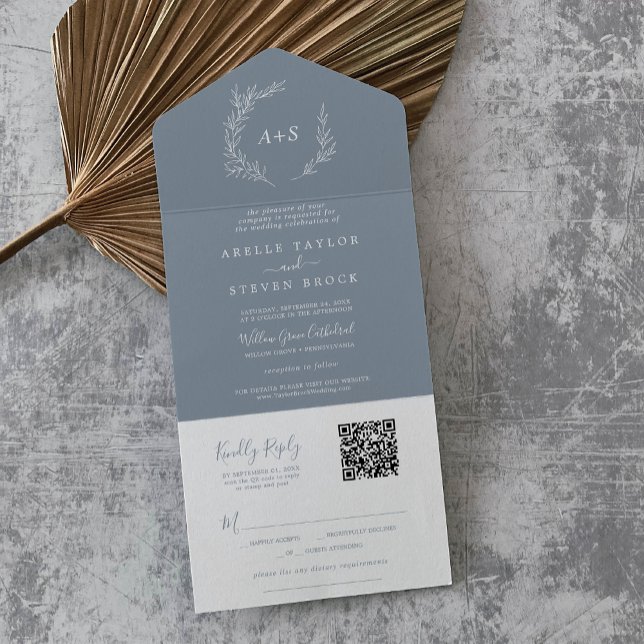 Mindestleaf | Blue White Simple QR Code Wedding All In One Einladung (Minimal Leaf | Blue White Simple QR Code Wedding All In One Invitation)