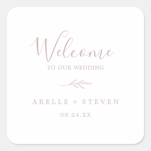 Mindestleaf | Blush Pink Wedding Welcome Quadratischer Aufkleber (Vorderseite)