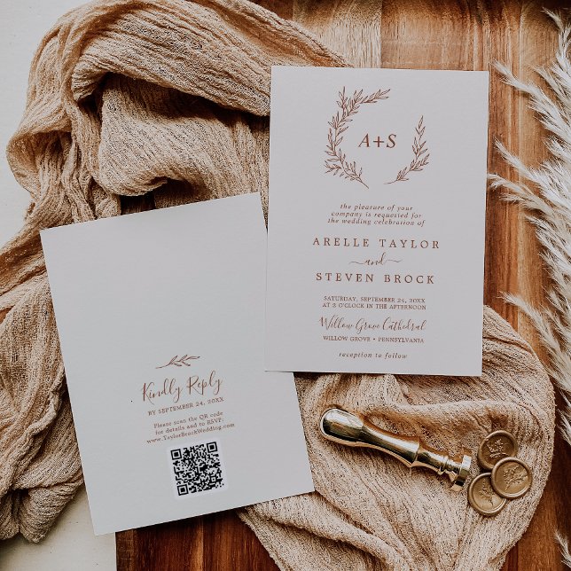 Mindestleaf | Boho Cream Monogram QR Code Wedding Einladung (Von Creator hochgeladen)