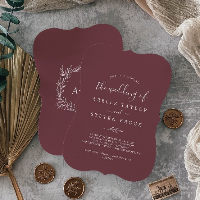 Mindestleaf | Burgundy Monogram Back Wedding Einladung (Von Creator hochgeladen)