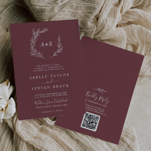 Mindestleaf   Burgundy Monogram QR Code Wedding Einladung