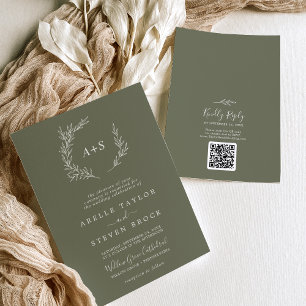 Mindestleaf   Dunkelgrüne Monogram QR Code Wedding Einladung
