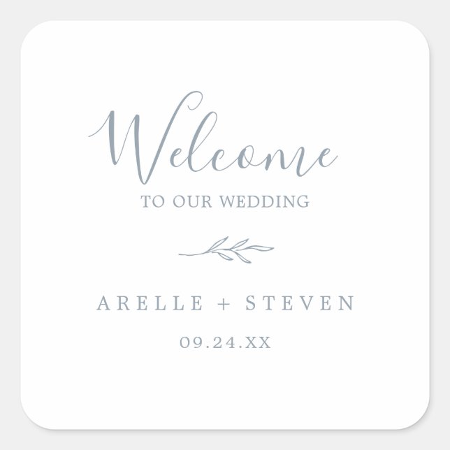 Mindestleaf | Dusty Blue Wedding Welcome Quadratischer Aufkleber (Vorderseite)