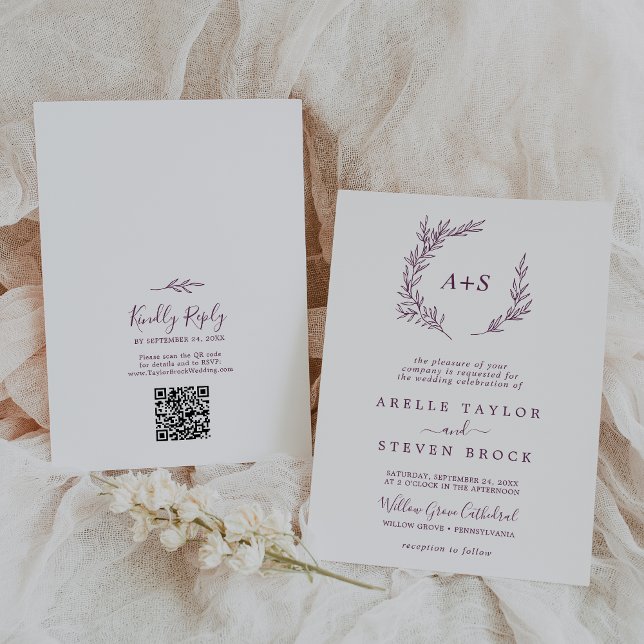 Mindestleaf | Eggplant Monogram QR Code Wedding Einladung (Von Creator hochgeladen)