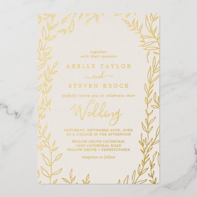 Mindestleaf | Gold Foil Elfenbeinrahmen Hochzeit Folieneinladung (Vorderseite)