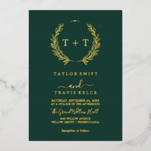 Mindestleaf   Gold Foil Emerald Monogram Wedding Folieneinladung