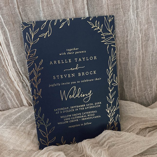 Mindestleaf | Gold Foil Navy Blue Frame Wedding Folieneinladung (Von Creator hochgeladen)
